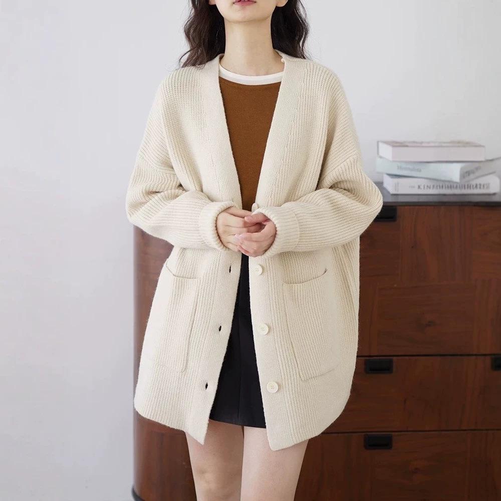 Premium solid color v-neck pocket sweater jacket women's autumn and winter 2026 new loose lazy wind knitted cardigan thick