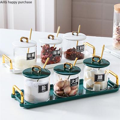 Glass Spice Jar with Ceramic Tray Seasoning Box Three-piece Suit Home Kitchen Supplies Spice Container Seasoning Jar Combination