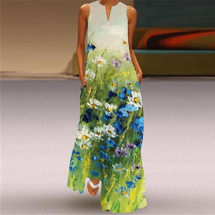 Sleeveless V Neck Retro Printed Multicolor Maxi Dress with Pockets