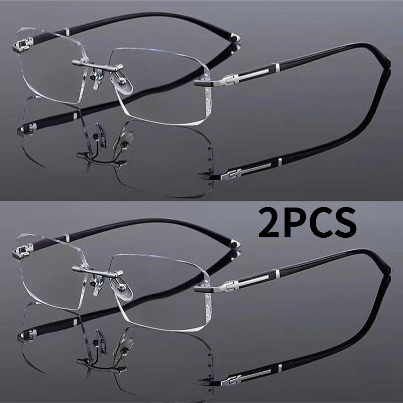2PCS Anti Blue Light Presbyopia Diamond Trimmed Frameless Photochromic Reading Glasses Glasses Fashionable Business Men Glassess +400