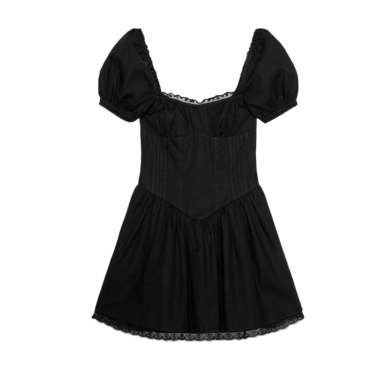 Spring and Summer New Women's Clothing Wide Pleated Design Puffy Short Sleeve Lace Poplin Square Collar Short Dress 5107304