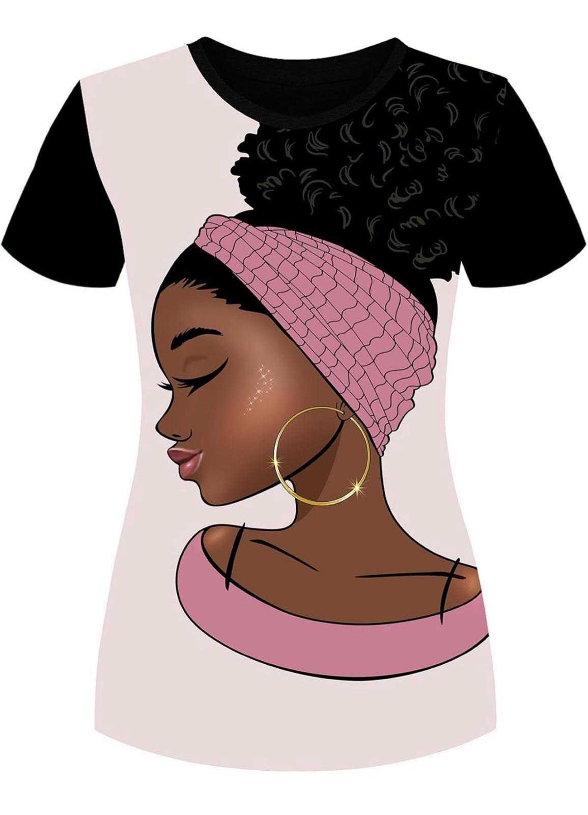 

Women s Black T-Shirt with 3D Floral Print & Natural African Hair Art - Casual Tee S