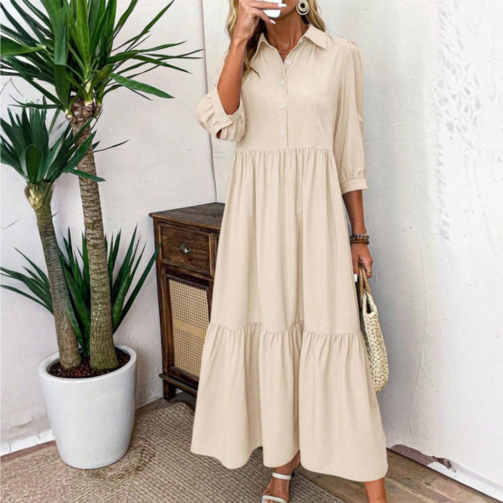Fashionable Ladies Spring And Summer Solid Color Three-quarter Sleeve Casual Lapel Wide Swing Dress