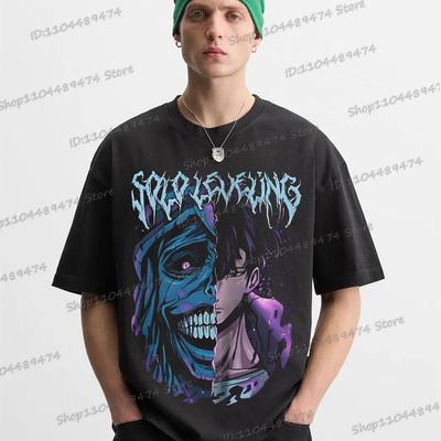 Anime Solo Leveling T-Shirt Herren Damen Baumwolle Übergroß Kurzarm T-Shirt Statue Gottes und Sung Jin-Woo Comic T-Shirts Tops