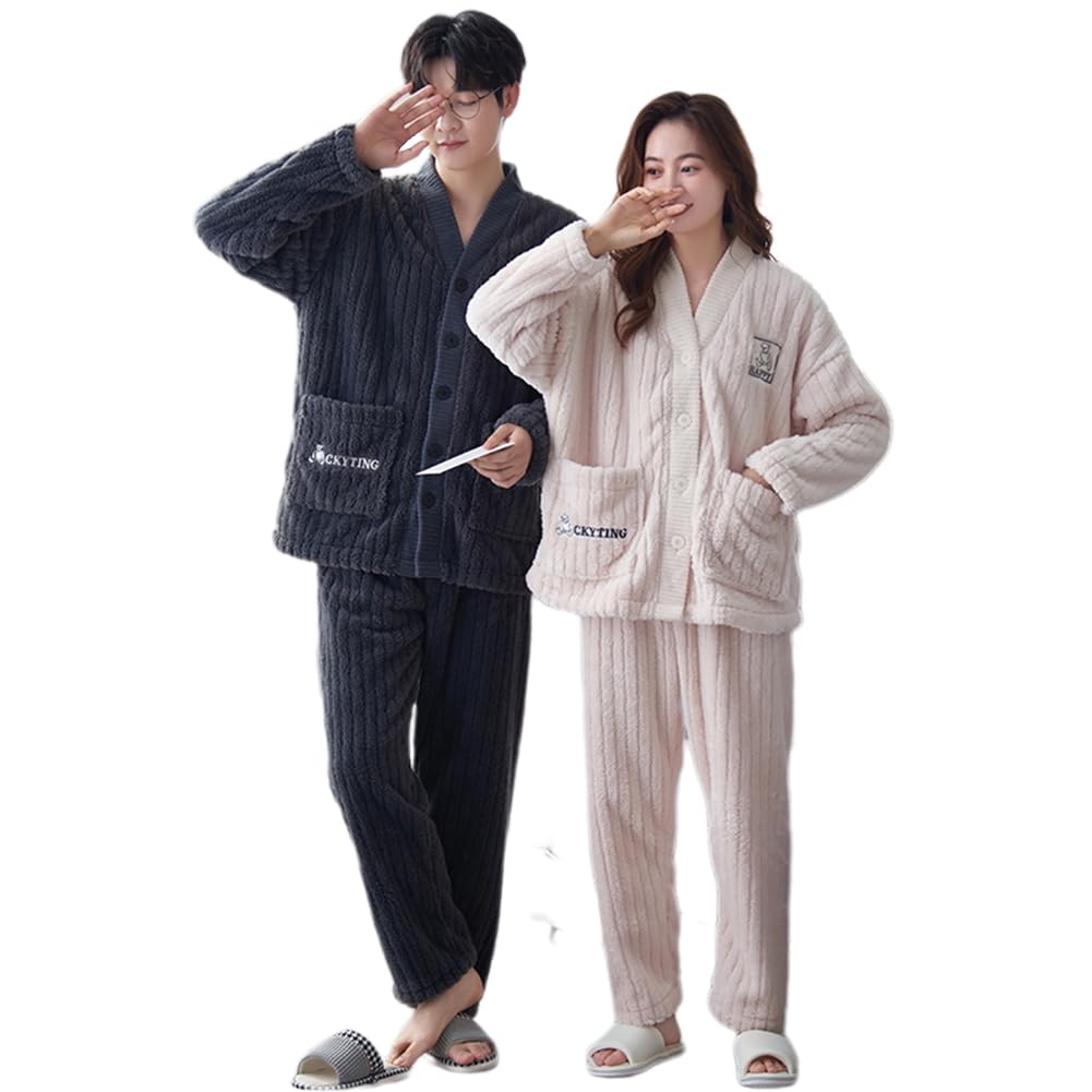 Winter Pajama Fluffy Top and Chill Wedding Unisex D.IIZOO Couple's Set, Bottoms, Open-Front, Thick, Autumn/Winter Loungewear, Protection, Gift, (Size