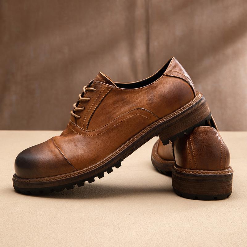 British Retro Handmade Casual Leather Shoes Men'S Leather Round Head Business Dress Commuter Leather Shoes Wedding Shoes Tooling Shoes Soft Sole