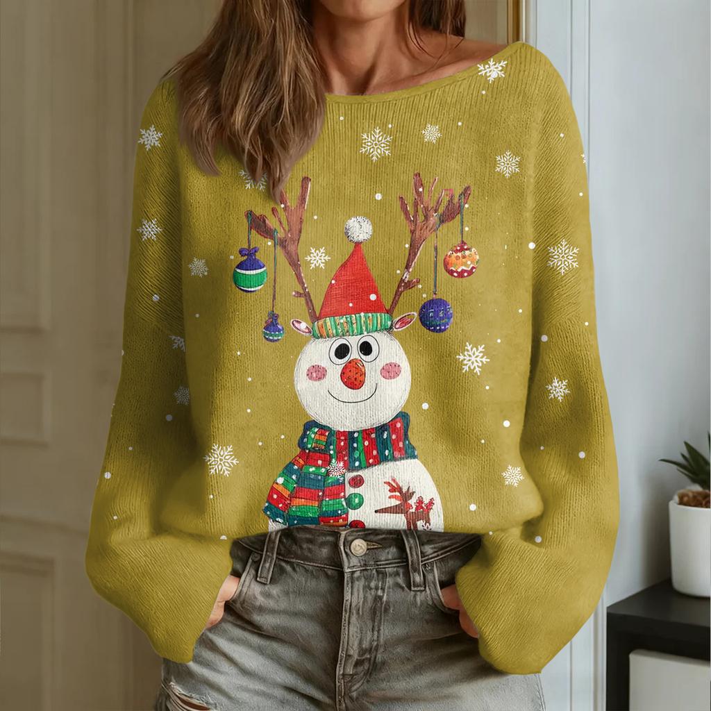 Women's Fashion Round Neck Long Sleeve Christmas Print Casual Pullover Sweater Top