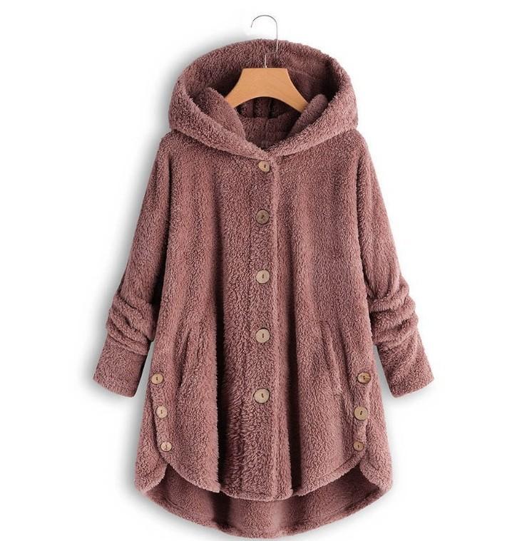 Women's Coat Button Plush Solid Color Hooded Jacket