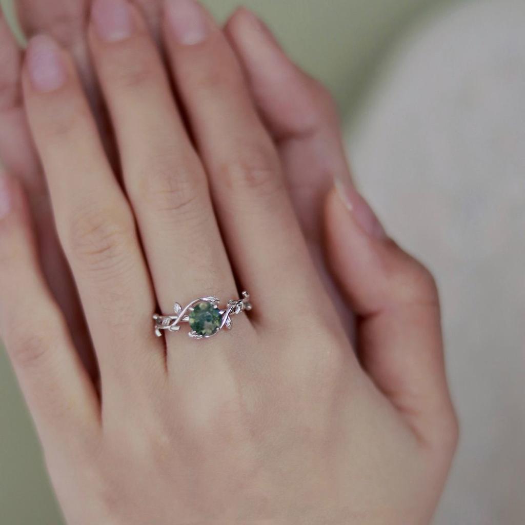 925 Silver Green Moss Ring with Water Grass Agate Stone Unique Elegant European American Jewelry Accessory