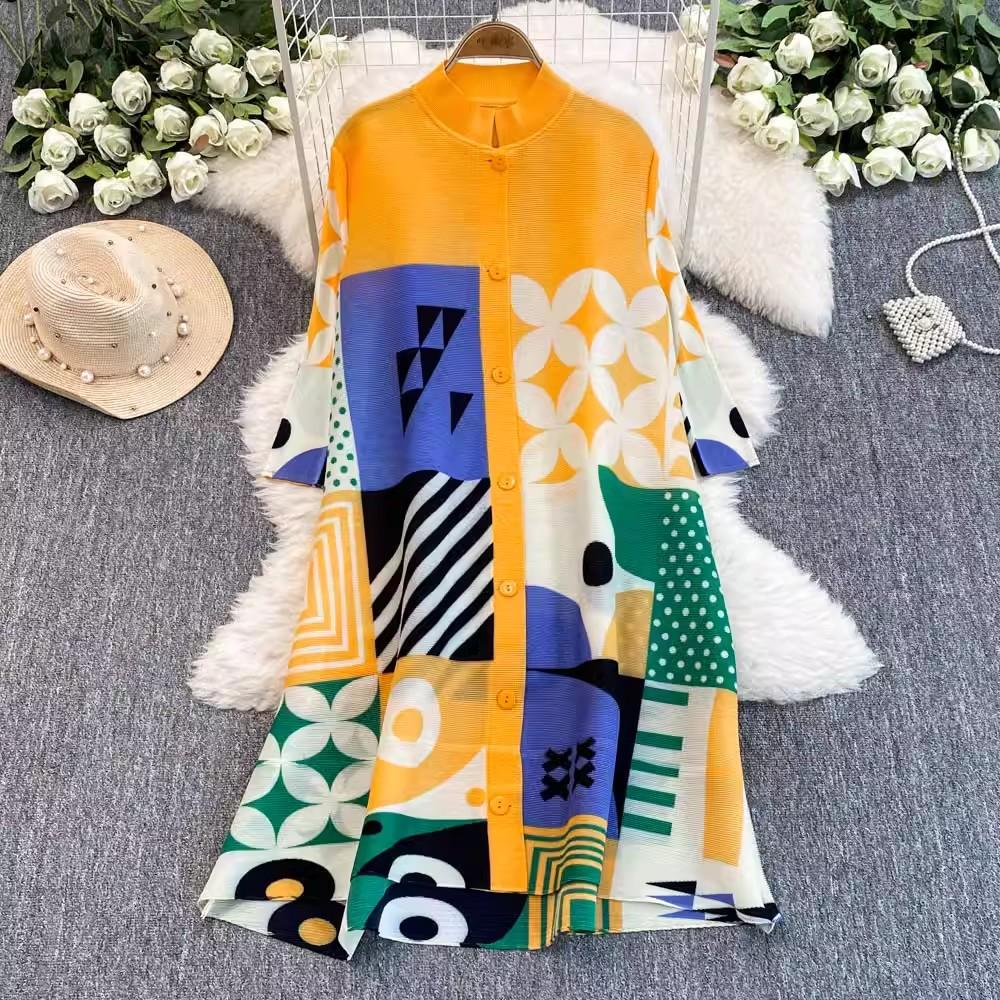 

Осенне-весенняя мода принт цветные блоки свободные платья-рубашки женские однобортные драпированные плиссированные вечерние платья Miyake One Size жёлтый