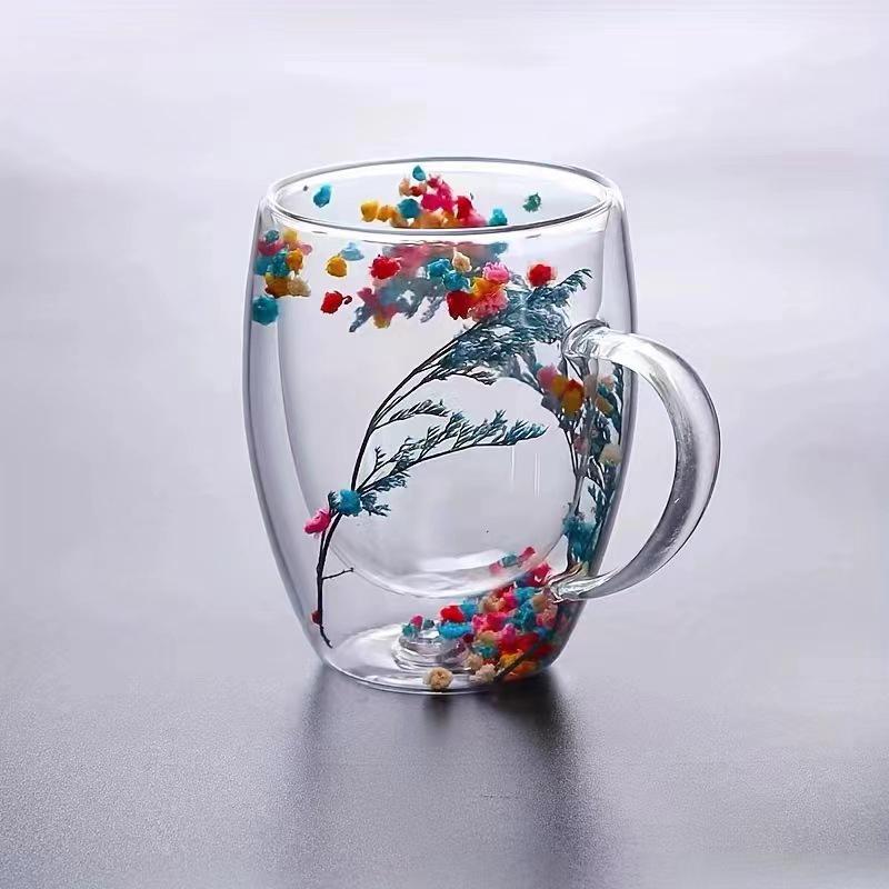 High-value Double-layer Glass Cup with Real Dried Flowers - Heat-resistant with Handle for Tea, Coffee, or Milk.