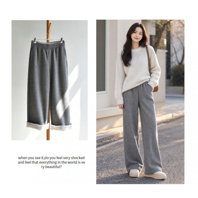 Womens Winter Warm Wide Leg Pants High Waist Thick Pleated Trousers Casual Loose Fit Elastic