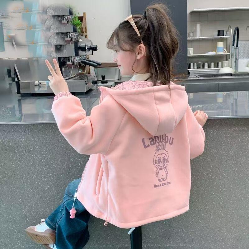 Kids Girls Reversible Fleece Lined Hooded Cartoon Windbreaker Jacket