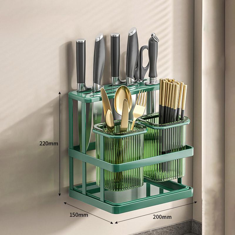 Kitchen Knife Rack Wall Mounted Cutlery Organizer Stainless Steel Pot Cover Knife Holder Chopping Board Drain Organizer Shelf