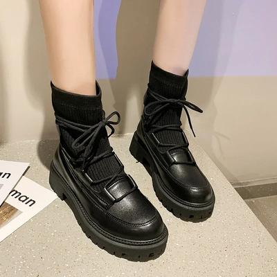 Fashion Ladies Shoes 2024 Fashion Lace Up Women's Boots Winter Round Toe Solid Middle Tube Chunky Heels Stretch Boots Zapatos De Mujer