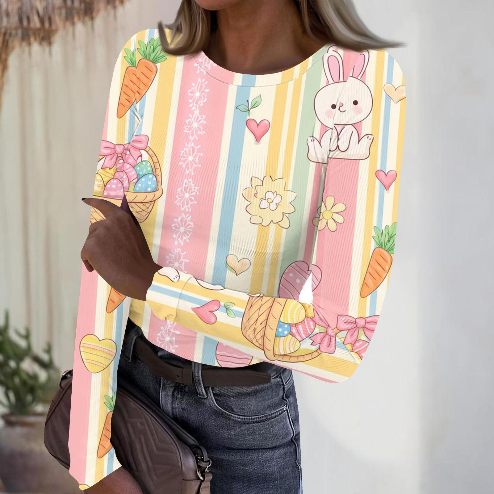 

Women s Casual Fashion Round Neck Easter Print Long Sleeve Strip Top S рожевий