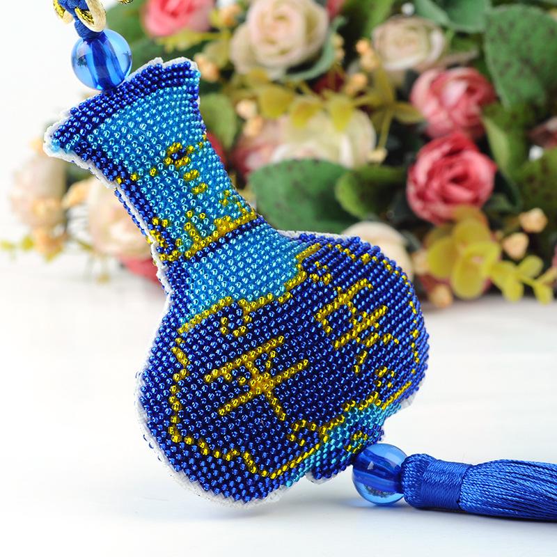 Chinese Blue & White Porcelain Vase Pendant with Double-Sided Bead Embroidery Cross-Stitch