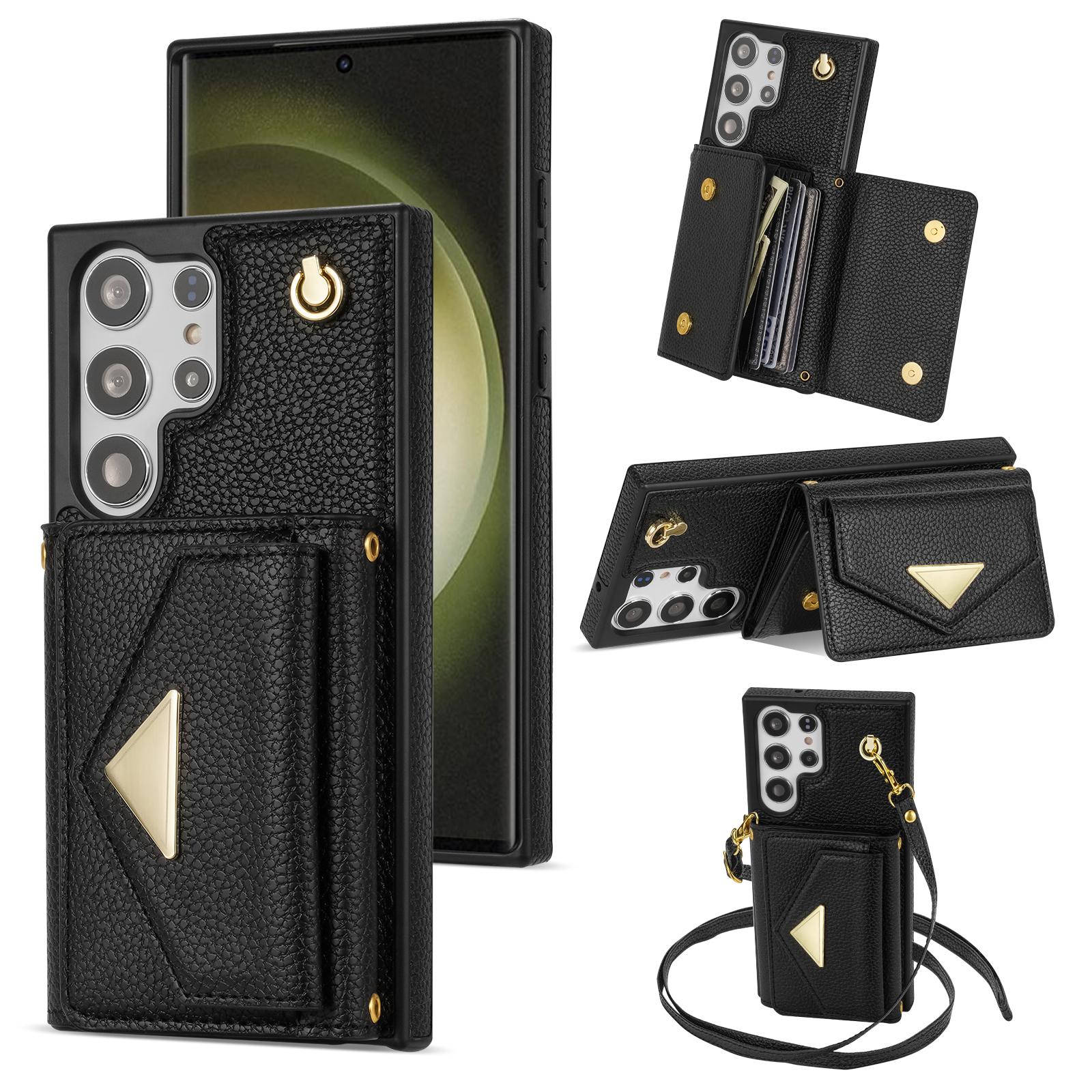 

For Samsung Galaxy S25 Ultra Case Card Slots PU+TPU Cell Phone Cover with Long Strap Black