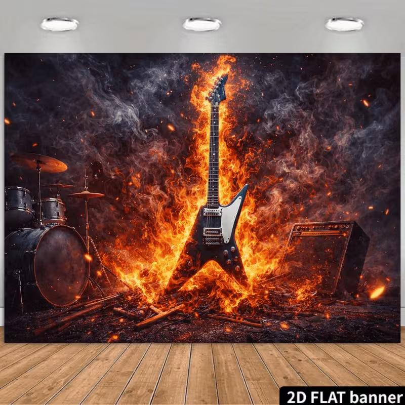 

2D Fire Electric Guitar Backdrop Rock Concert Party Background 47.2x31.5inch/120*80cm