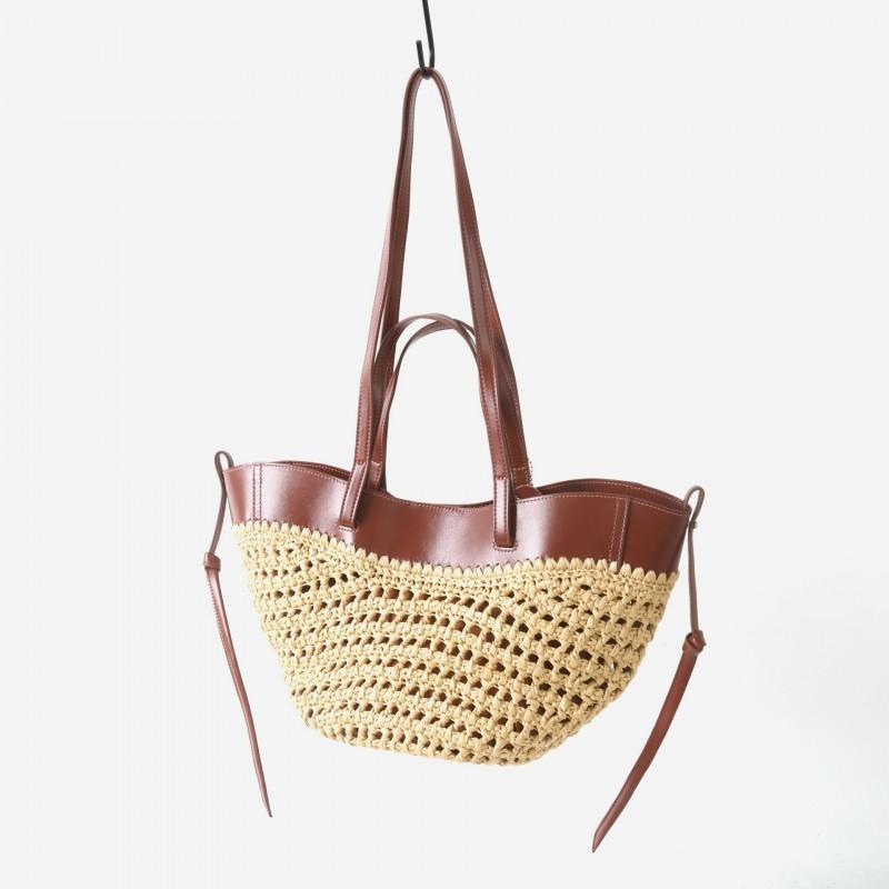 Large Capacity Woven Tote Bag Women Genuine Leather Top Grain Cowhide Straw Interior Beach Vacation Style