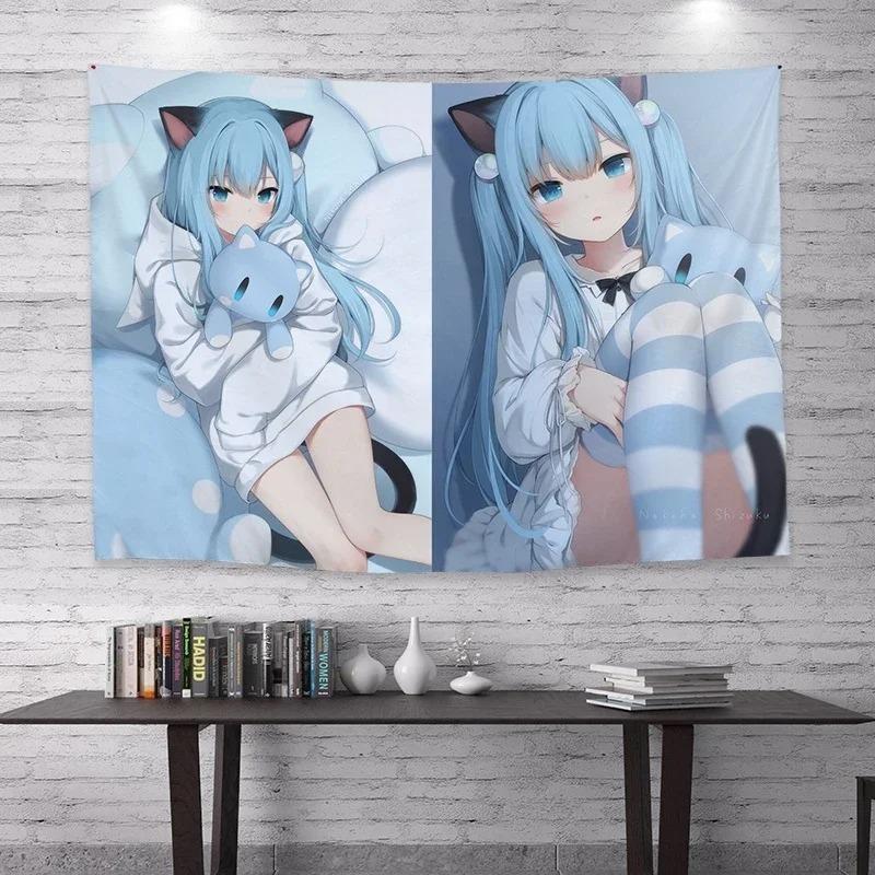 Kawaii Nekomimi Girl Tapestry Soft Blue Bed Print Polyester Wall Hanging Cute Anime Themed Home Decor for Bedroom  Dorm