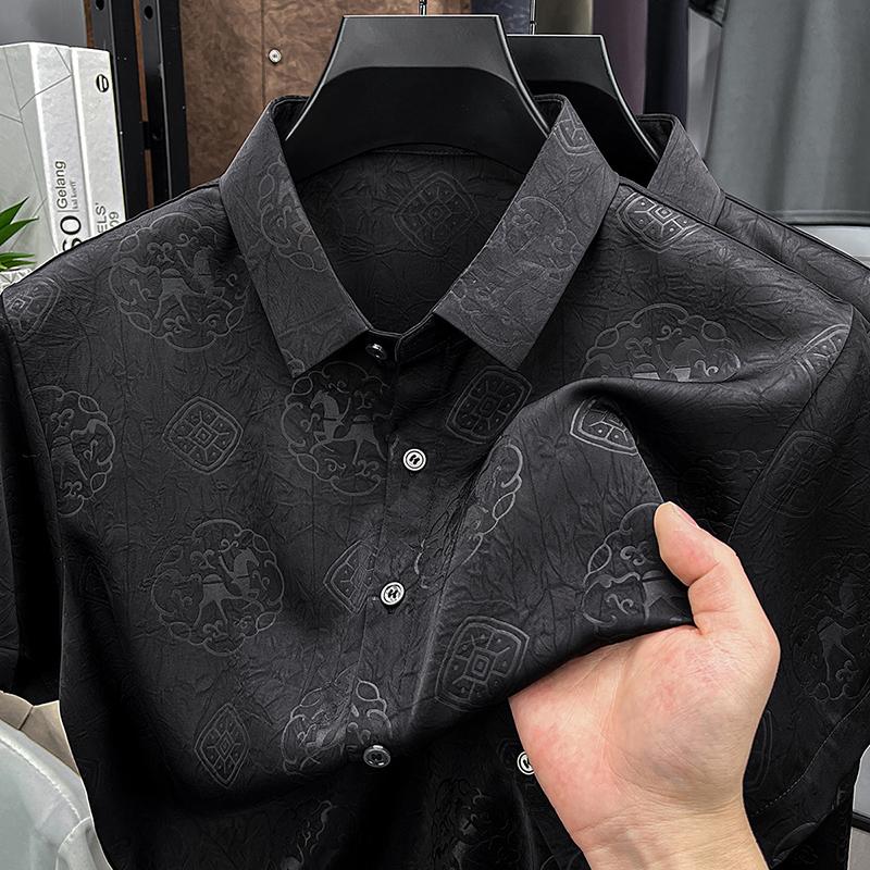 

Men s Summer Hong Kong Style Loose Collar Top Men s Short Sleeved Shirt Men s Shirt XL чорний