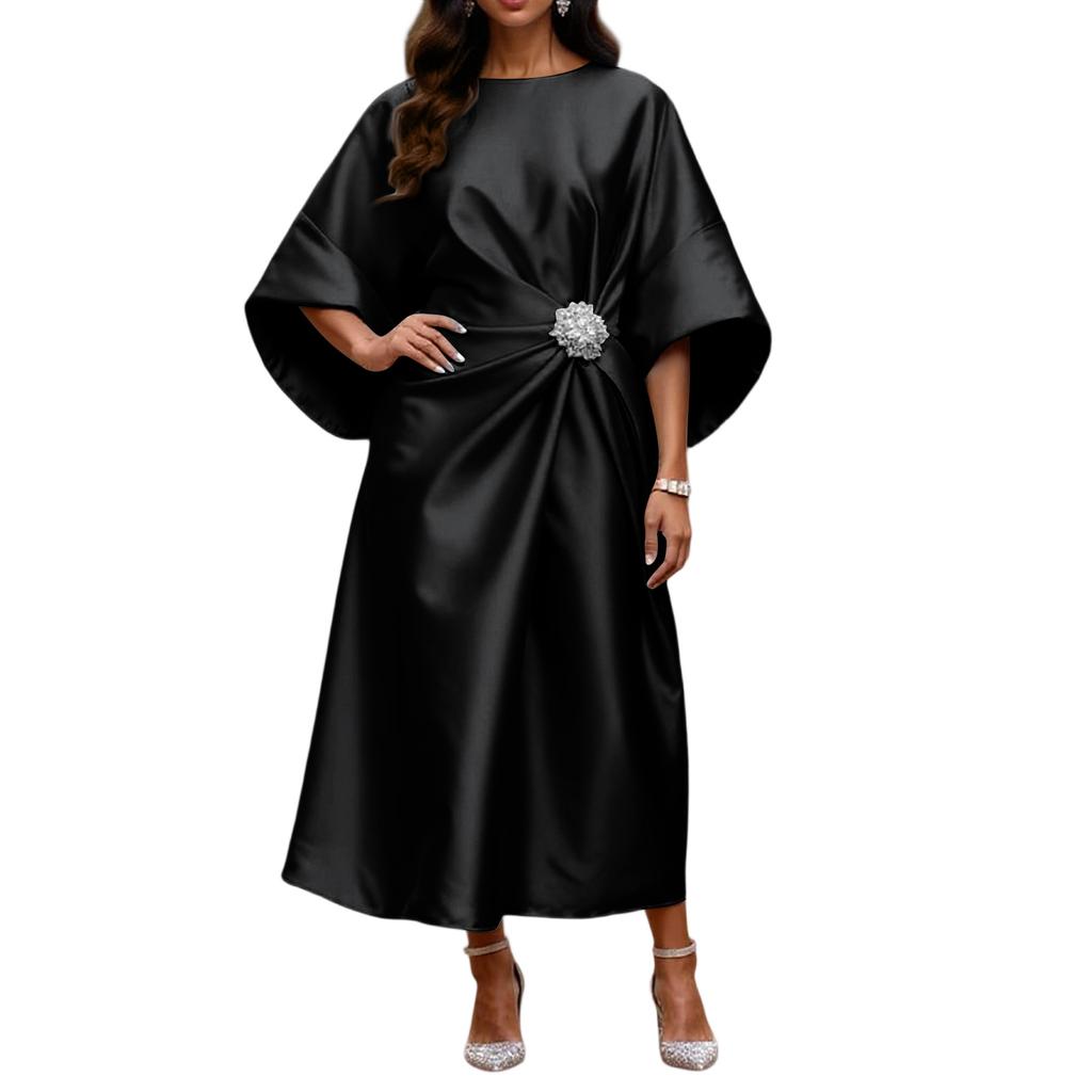 Elegant And Sophisticated Satin Dress With Beaded Floral Embellishments For Women's Commuting.