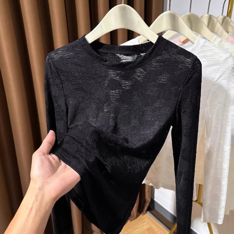 Nowa Okrągły Dekolt Długi Rękaw T-shirt Damski Chiński Styl Jesień i Zima Nowy Wyszczuplający Top Bazowy