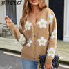 BITCED Damen 3D Floral V-Ausschnitt Strick-Cardigan Herbst/Winter Lässige Strickjacke mit entspannter Passform