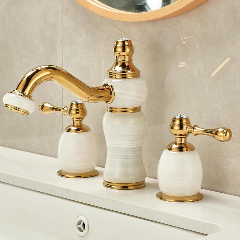 Basin Faucet Gold Brass Jade Bathroom Sink Faucet 3 Hole Widespread Basin Mixer Double Handle Hot And Cold Water Tap New Arrival