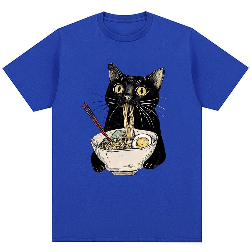 Funny Noodle Ramen Black Cat Graphic T-shirt Fashion Men's Women's Popular Short Sleeve Y2K Oversized Cotton T Shirts Streetwear