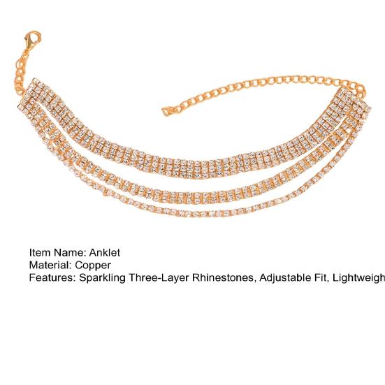 Yousheng Women Beach Anklet, Sparkling Three-Layer Rhinestone Anklet, Adjustable Fit Sandal Anklet for Summer