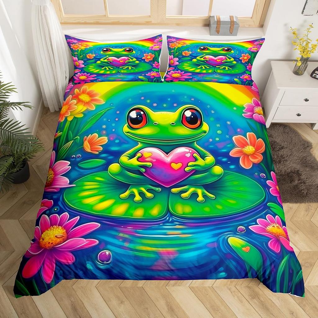 Frog And Lotus Leaf Duvet Cover Sets For Kids Boys Girls Lightweight Quilt Covers Green Animals Themed Bedding Set Bedroom Decor