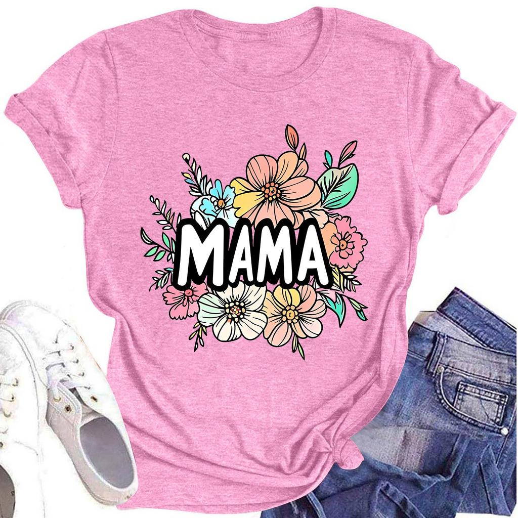 Damenmode Rundhals Kurzarm T-Shirt Muttertag Bedruckt Lässiges Oberteil