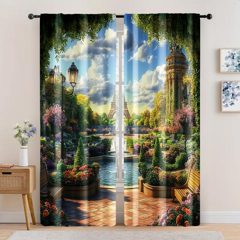 

2 шт., Сценический занавес Ткань Эйфелева башня Весенний сад, Без электричества Праздничный праздник Подходит для помещений 29x65in(75x166cm)