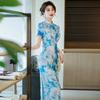 Blue National Style New Chinese Long Cheongsam Improved New Young Women's High-end Sense Retro Short Sleeve Summer