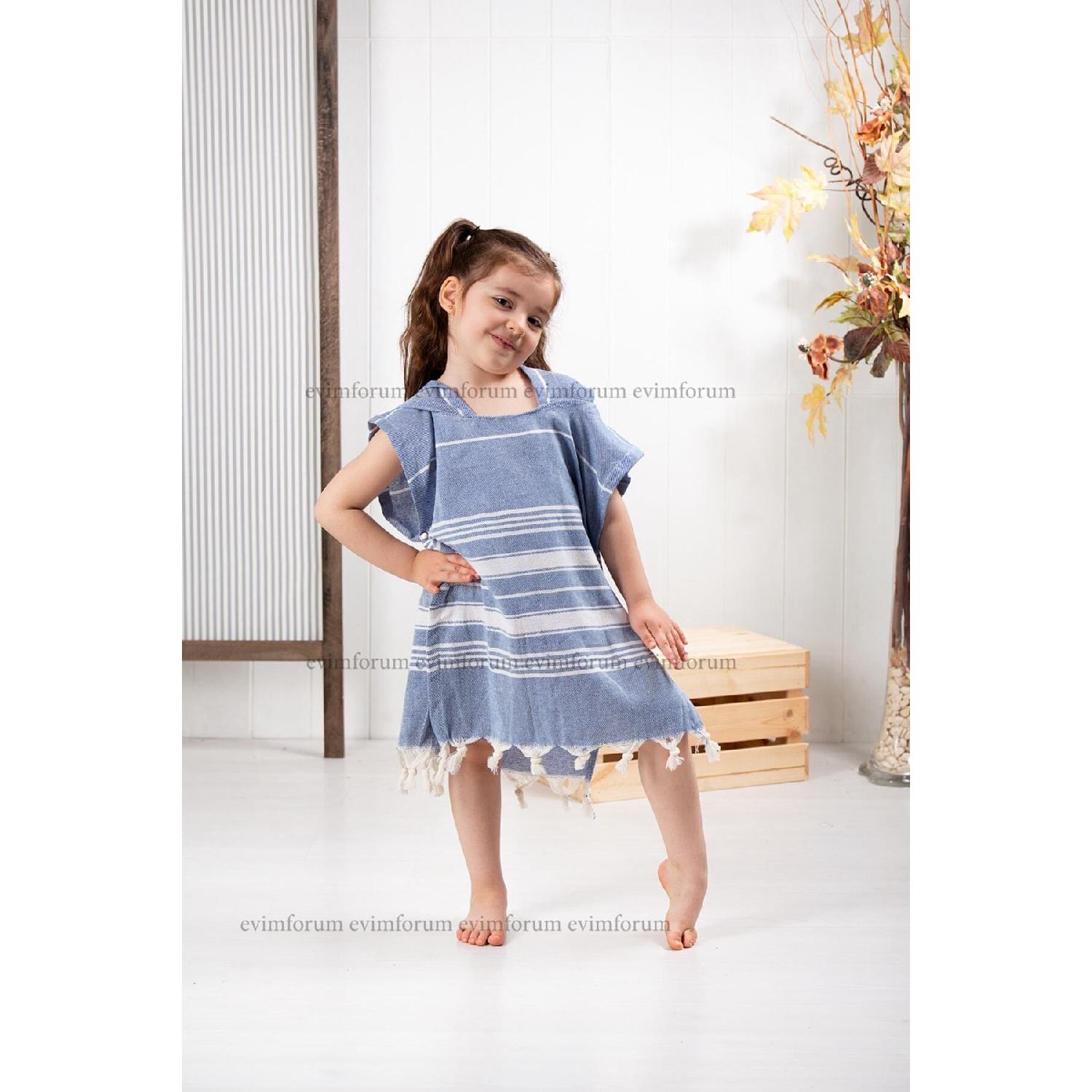 

Children s Bathrobe Poncho 100% Cotton Beach Towel Peshtemal Blue 0-2 Yaş Темно-синій