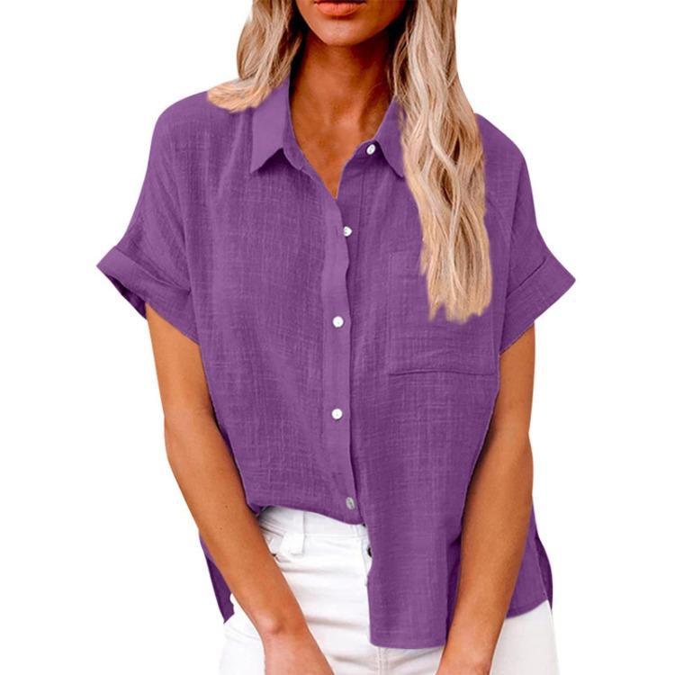 Casual Loose Women Shirt Short Sleeve Lapel Button Down Top With Pocket Tshirt Fashion Color