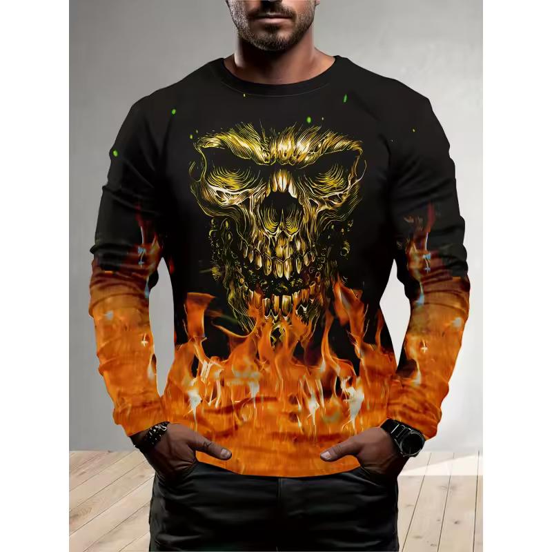 Cute Abstract Monster Pattern T-Shirt For Men Cool Skull 3D Print T Shirts Autumn Casual Loose Round Neck Tops Tees Long Sleeves