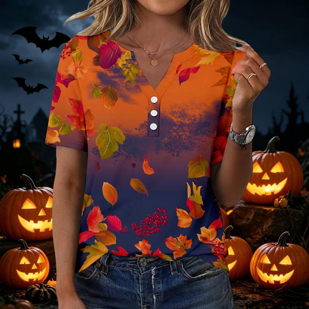 Women's Fashion Casual V-Neck Short Sleeve T-Shirt with Leaf Print and Decorative Buttons