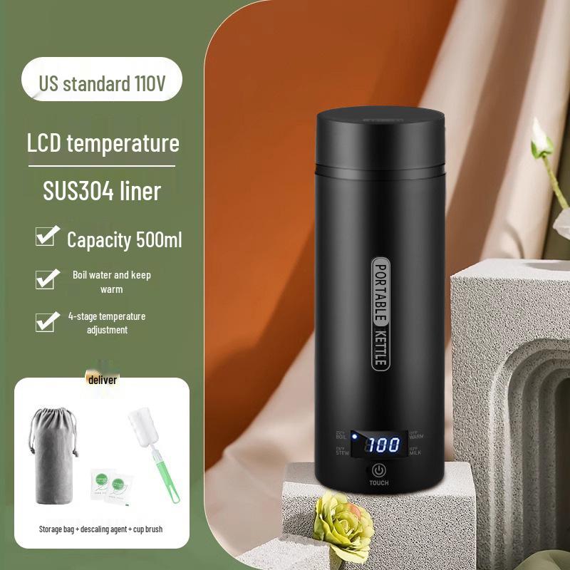 110V US Portable Temperature-Controlled Travel Kettle, Small Electric Water Heating Cup, Fahrenheit Display