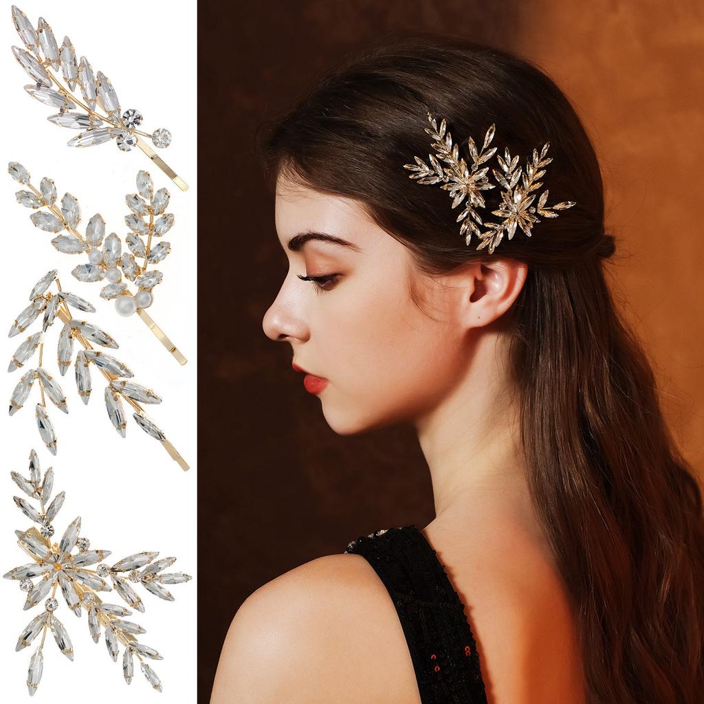 Vintage Rhinestone Leaf Hair Clip Bridal Wedding Dress Accessory Irregular Crystal Barrette For Women Elegant Jewelry