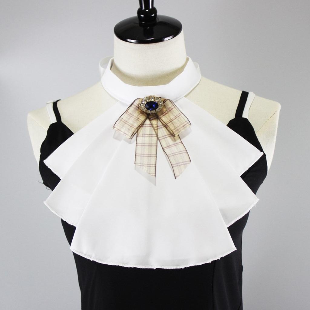 Victorian Steampunk Layer Ruffled Jabot Necktie Japanese JK Fake Collar with Plaid Bowknot Colonial Shirt Front Neckwear