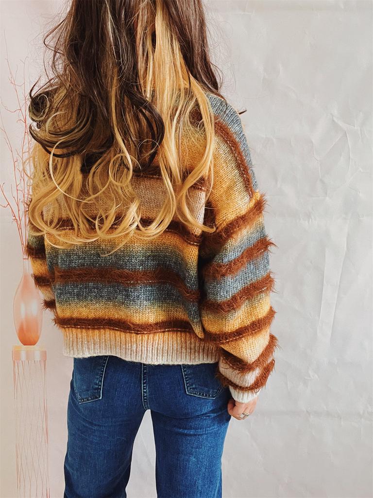 Autumn and winter loose gradient color striped imitation mink knitted round neck long sleeved pullover sweater for women 3557 KTB