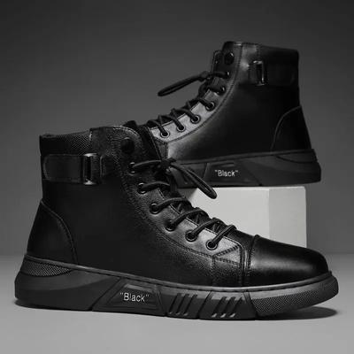 Stivaletti alla caviglia in pelle PU nera da uomo scarpe sportive autunno inverno comode scarpe casual alte alla moda con plateau uomo testa rotonda