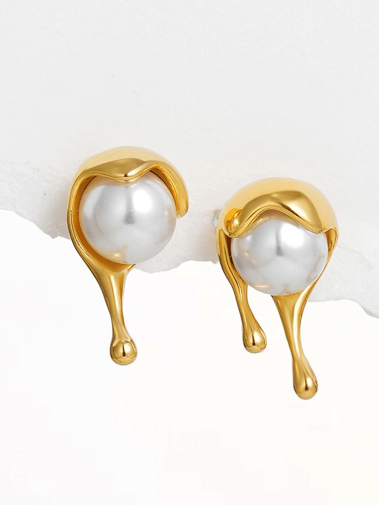 

Vintage Gold Plated Dripping Round Ball Stud Earrings for Women Girls Tiny Beads White Pearl Ear Piercing Fashion Zircon
