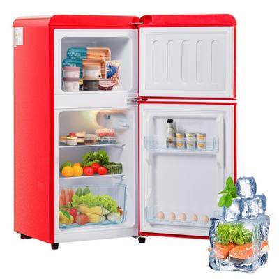 60L Retro Refrigerator 7 Temperature Settings LED Light Dual Zone Mini Refrigerator, 22L Freezer Volume, 102 KWh/Year, -27-13 Degrees Celsius, LED