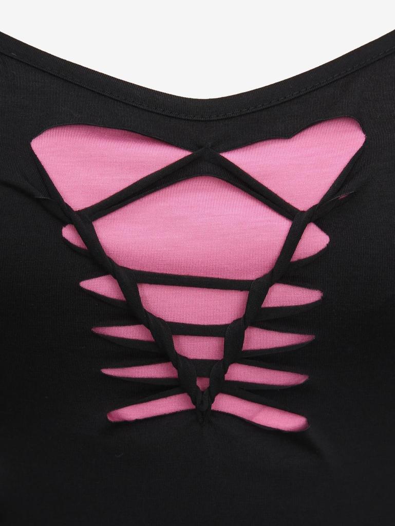 Rosegal Gotycki Top Tank z Koronkowym Sznurowaniem, Dziurami, Plecionką, Klamrą, Oczkami, Asymetrycznym Patchworkiem i Odkrytymi Plecami