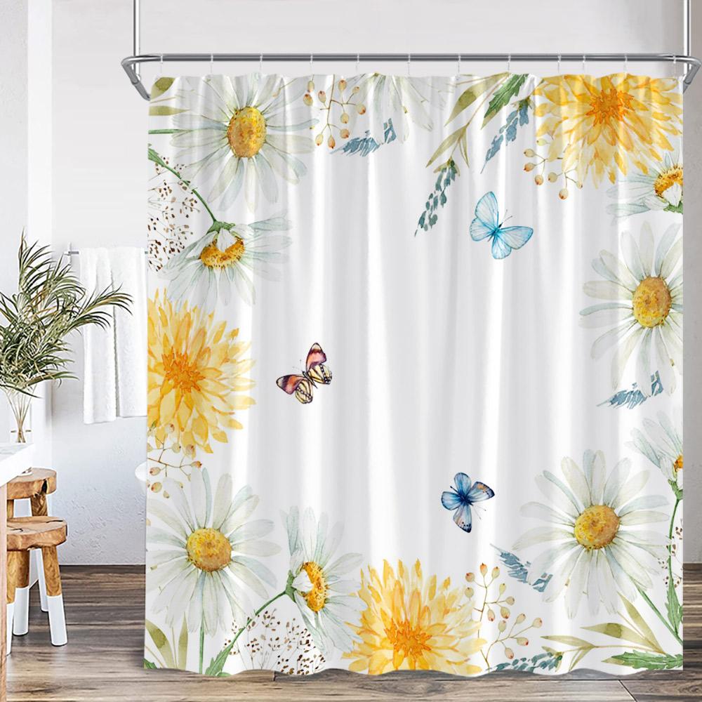 Floral Print Shower Curtains Watercolor Wildflowers Green Leaves Birds Butterfly Bathroom Decorations Polyester Bath Curtains