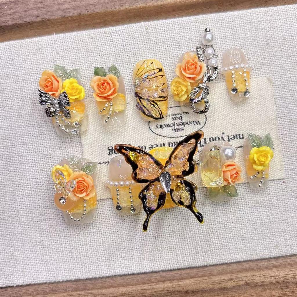 Square Press On Nails Almond Fake Nails French Tip False Nails with 3D Design Full Cover Acrylic Glue On Nails Artificial Stick On Nails for Women